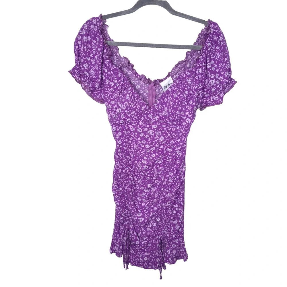Purple Floral Ruched Mini Dress Romantic Cottagecore Puff Sleeve Bodycon Sz S - Picture 2 of 5